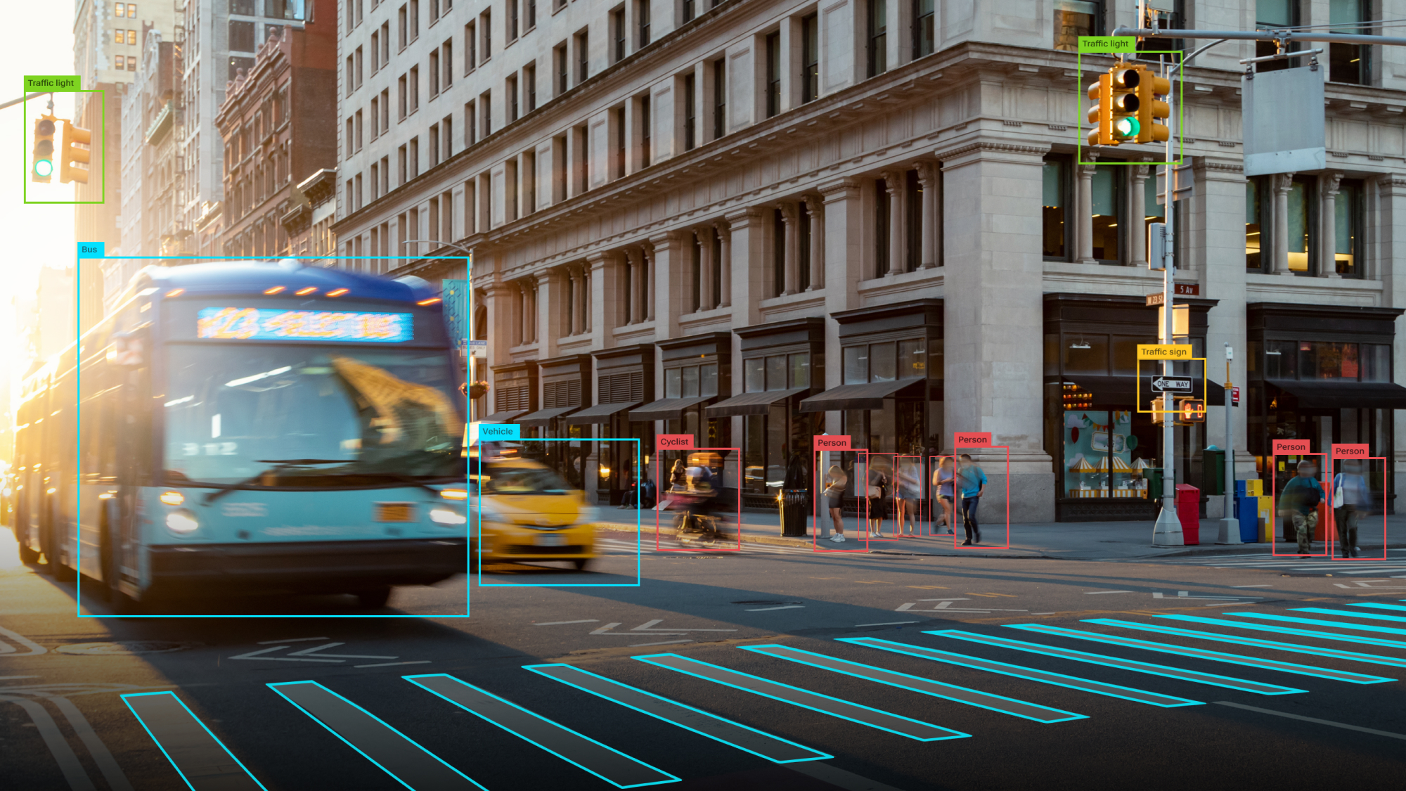 A close up of a car’s interface, where a bus, taxi, and stoplight in an urban scene are being detected by an object detection system